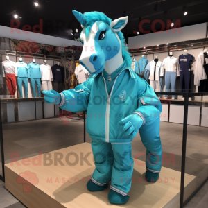 Cyan Horse mascot costume character dressed with a Windbreaker and Cummerbunds