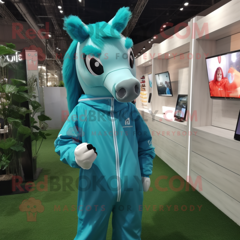 Cyan Horse mascot costume character dressed with a Windbreaker and Cummerbunds Cyan Horse mascot costume character dressed with a Windbreaker and Cummerbunds