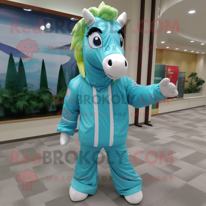 Cyan Horse mascot costume character dressed with a Windbreaker and Cummerbunds