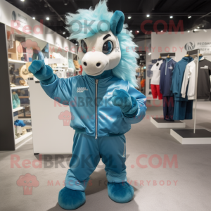 Cyan Horse mascot costume character dressed with a Windbreaker and Cummerbunds