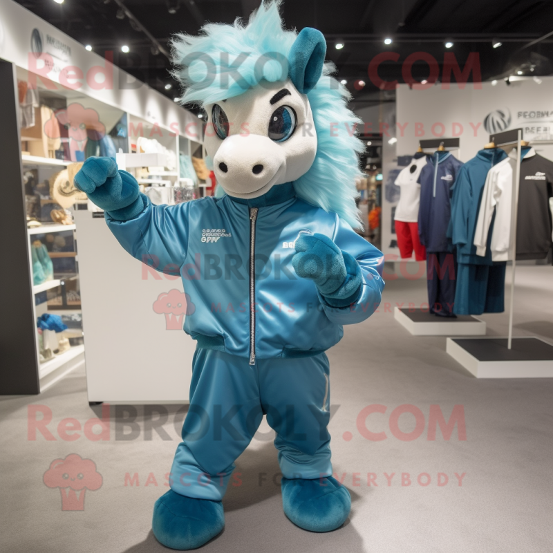 Cyan Horse mascot costume character dressed with a Windbreaker and Cummerbunds Cyan Horse mascot costume character dressed with a Windbreaker and Cummerbunds
