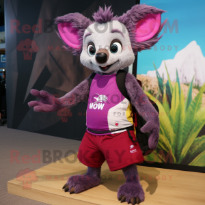 Magenta Aye-Aye mascot costume character dressed with a Board Shorts and Messenger bags