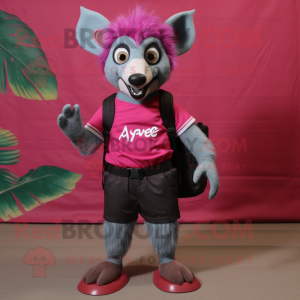 Magenta Aye-Aye mascot costume character dressed with a Board Shorts and Messenger bags