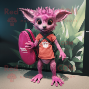 Magenta Aye-Aye mascot costume character dressed with a Board Shorts and Messenger bags