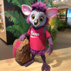 Magenta Aye-Aye mascot costume character dressed with a Board Shorts and Messenger bags