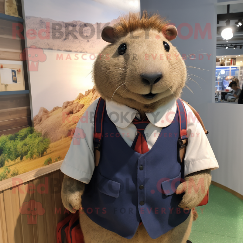 nan Capybara mascot costume character dressed with a Oxford Shirt and Backpacks nan Capybara mascot costume character dressed with a Oxford Shirt and Backpacks