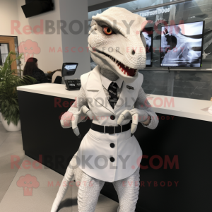 White Velociraptor mascot costume character dressed with a Pencil Skirt and Digital watches