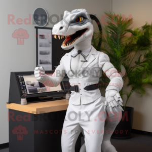 White Velociraptor mascot costume character dressed with a Pencil Skirt and Digital watches