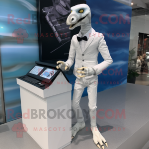 White Velociraptor mascot costume character dressed with a Pencil Skirt and Digital watches