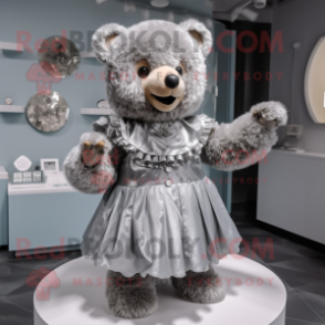 Silver Teddy Bear mascot costume character dressed with a Dress and Hairpins