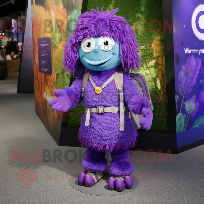 Purple Momentum mascot costume character dressed with a Dress and Backpacks