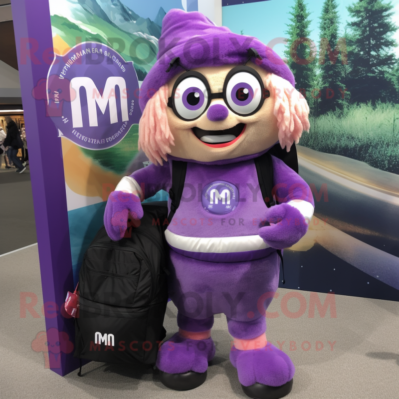 Purple Momentum mascot costume character dressed with a Dress and Backpacks Purple Momentum mascot costume character dressed with a Dress and Backpacks