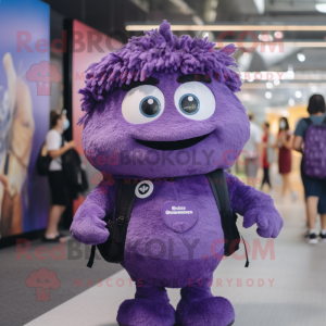 Purple Momentum mascot costume character dressed with a Dress and Backpacks