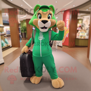 Green Mountain Lion mascot costume character dressed with a Leggings and Handbags