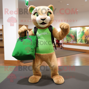 Green Mountain Lion mascot costume character dressed with a Leggings and Handbags