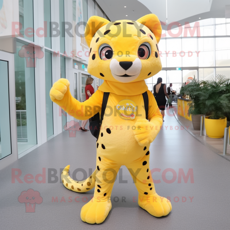 Lemon Yellow Cheetah mascot costume character dressed with a Flare Jeans and Backpacks