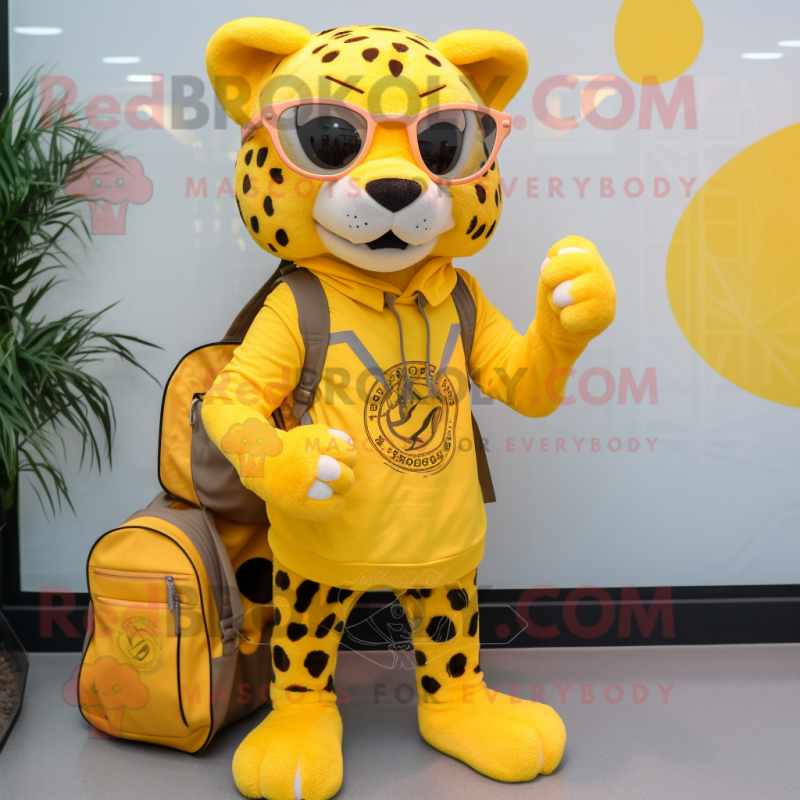 Lemon Yellow Cheetah mascot costume character dressed with a Flare Jeans and Backpacks