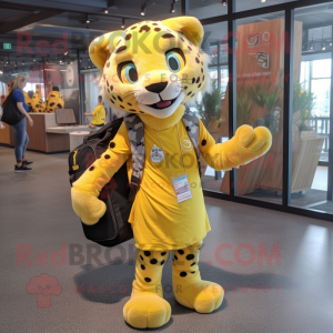 Lemon Yellow Cheetah mascot costume character dressed with a Flare Jeans and Backpacks