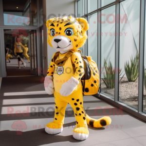 Lemon Yellow Cheetah mascot costume character dressed with a Flare Jeans and Backpacks
