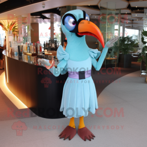Sky Blue Toucan mascot costume character dressed with a Cocktail Dress and Clutch bags