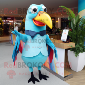 Sky Blue Toucan mascot costume character dressed with a Cocktail Dress and Clutch bags