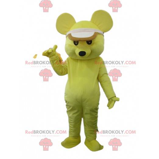 Mascota ratón amarillo con gorra, traje amarillo -