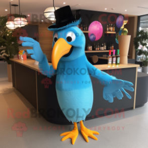 Sky Blue Toucan mascot costume character dressed with a Cocktail Dress and Clutch bags