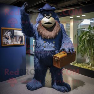 Navy Sasquatch mascot costume character dressed with a Suit Pants and Clutch bags
