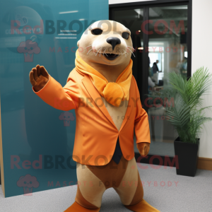 Orange Sea Lion mascot costume character dressed with a Blazer and Wraps