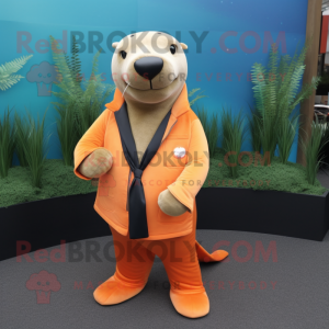 Orange Sea Lion mascot costume character dressed with a Blazer and Wraps