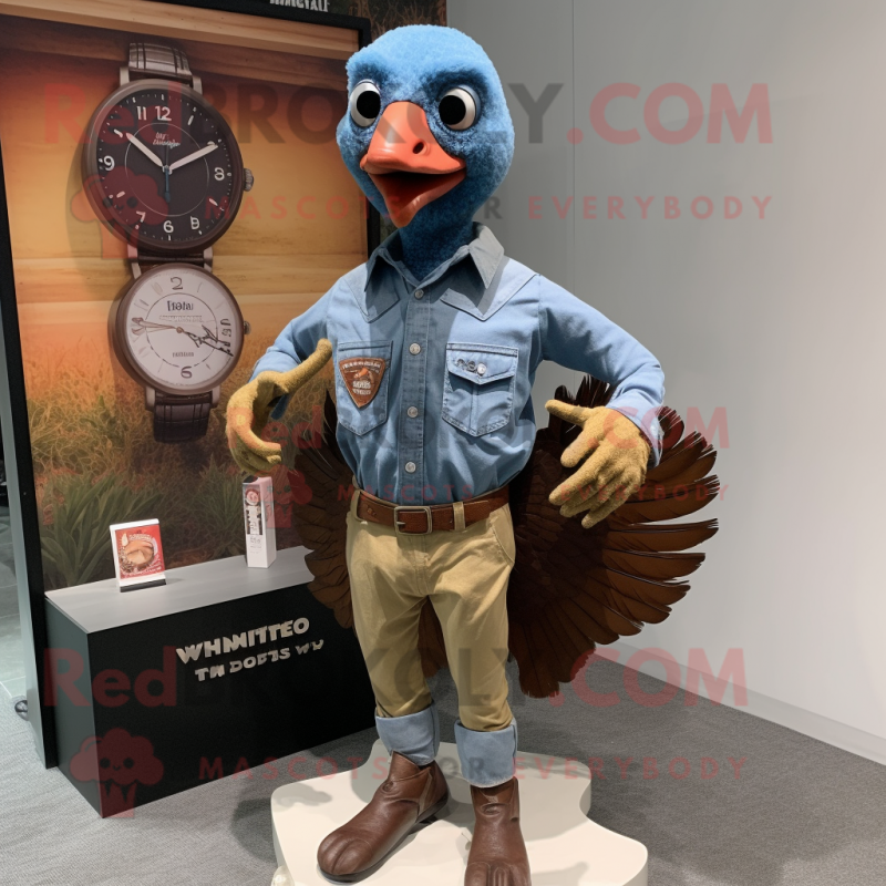 Rust Turkey mascot costume character dressed with a Chambray Shirt and Digital watches Rust Turkey mascot costume character dressed with a Chambray Shirt and Digital watches
