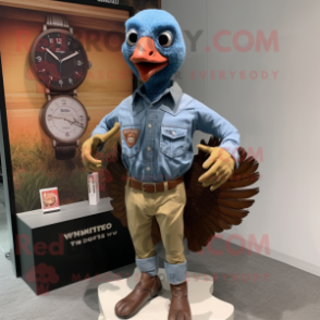 Rust Turkey mascot costume character dressed with a Chambray Shirt and Digital watches