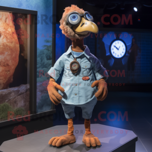 Rust Turkey mascot costume character dressed with a Chambray Shirt and Digital watches