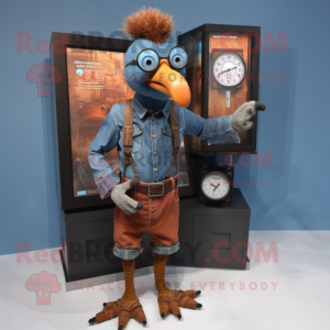 Rust Turkey mascot costume character dressed with a Chambray Shirt and Digital watches