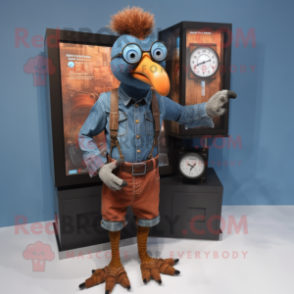 Rust Turkey mascot costume character dressed with a Chambray Shirt and Digital watches