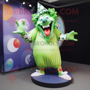 Lime Green Evil Clown mascot costume character dressed with a Polo Shirt and Shawls