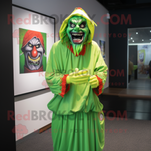 Lime Green Evil Clown mascot costume character dressed with a Polo Shirt and Shawls