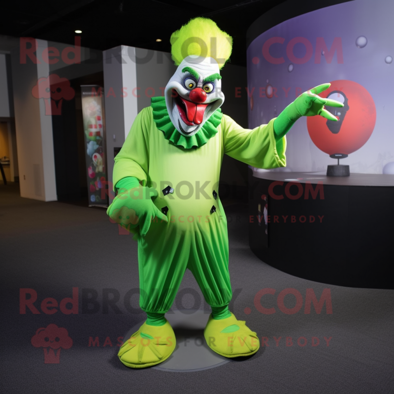 Lime Green Evil Clown mascot costume character dressed with a Polo Shirt and Shawls Lime Green Evil Clown mascot costume character dressed with a Polo Shirt and Shawls