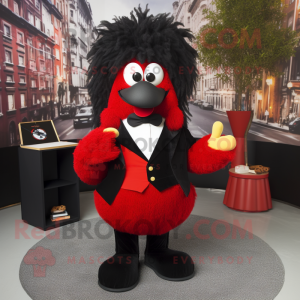 Red Goulash mascot costume character dressed with a Tuxedo and Hair clips