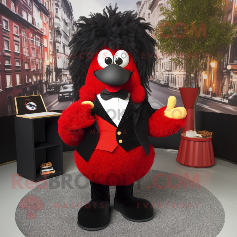 Red Goulash mascot costume character dressed with a Tuxedo and Hair clips Red Goulash mascot costume character dressed with a Tuxedo and Hair clips