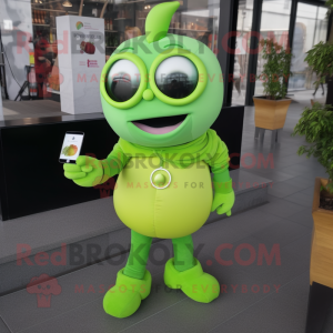 Lime Green Plum mascot costume character dressed with a Jeggings and Smartwatches