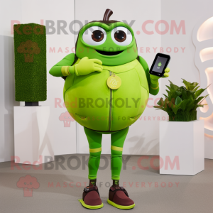 Lime Green Plum mascot costume character dressed with a Jeggings and Smartwatches