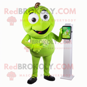 Lime Green Plum mascot costume character dressed with a Jeggings and Smartwatches