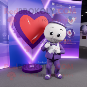 Purple Arrow Of Love mascot costume character dressed with a Suit and Coin purses