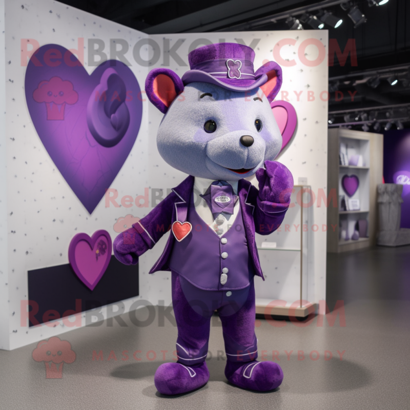 Purple Arrow Of Love mascot costume character dressed with a Suit and Coin purses Purple Arrow Of Love mascot costume character dressed with a Suit and Coin purses
