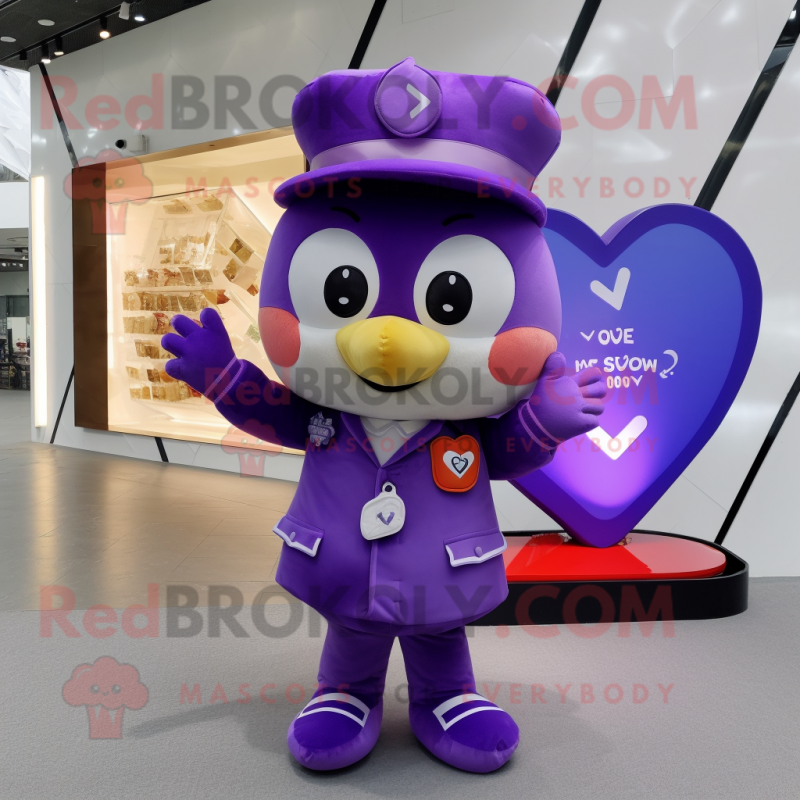 Purple Arrow Of Love mascot costume character dressed with a Suit and Coin purses Purple Arrow Of Love mascot costume character dressed with a Suit and Coin purses
