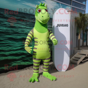 Lime Green Quagga mascot costume character dressed with a One-Piece Swimsuit and Ties