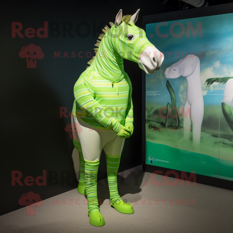 Lime Green Quagga mascot costume character dressed with a One-Piece Swimsuit and Ties Lime Green Quagga mascot costume character dressed with a One-Piece Swimsuit and Ties