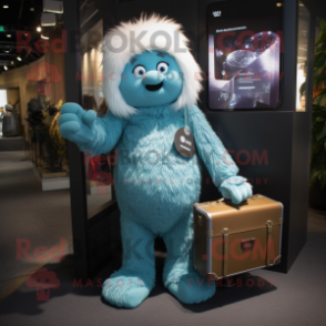 Blue Yeti mascot costume character dressed with a Jumpsuit and Handbags