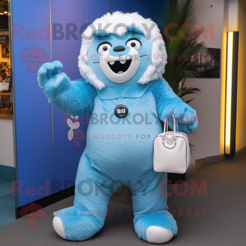 Blue Yeti mascot costume character dressed with a Jumpsuit and Handbags Blue Yeti mascot costume character dressed with a Jumpsuit and Handbags